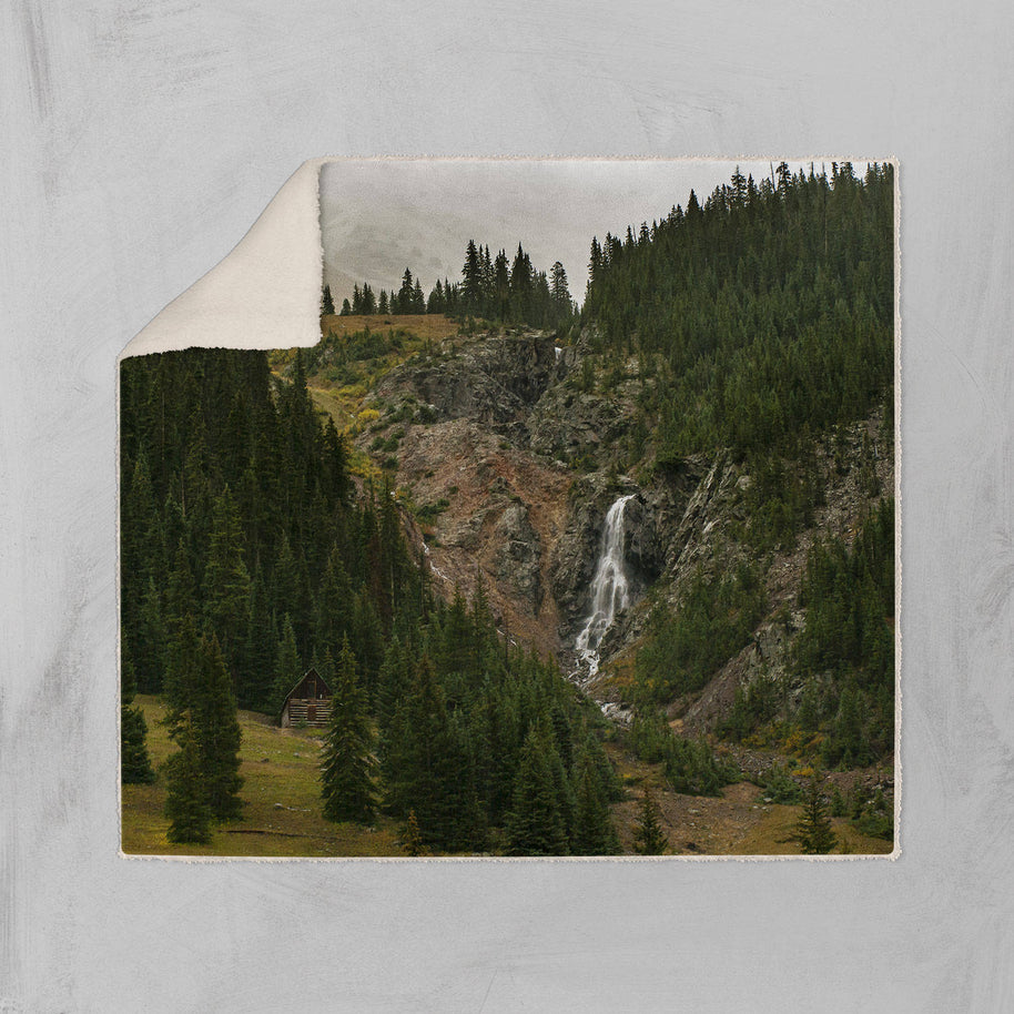 Cabin and Waterfall Scenic Sherpa Blanket Mountainous Throw
