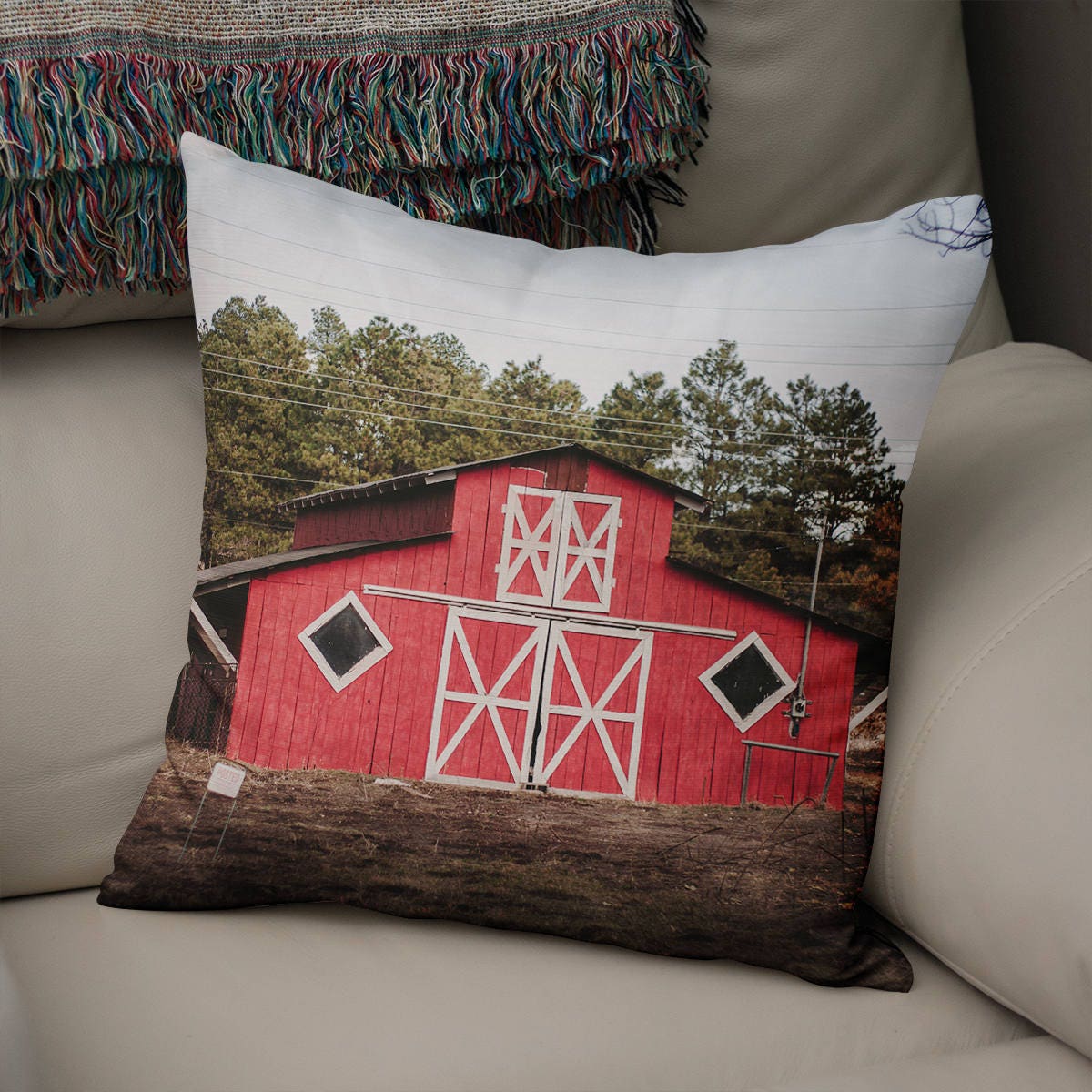 Rustic Red Barn Throw Pillow Cover Bedroom Decor - Pillows