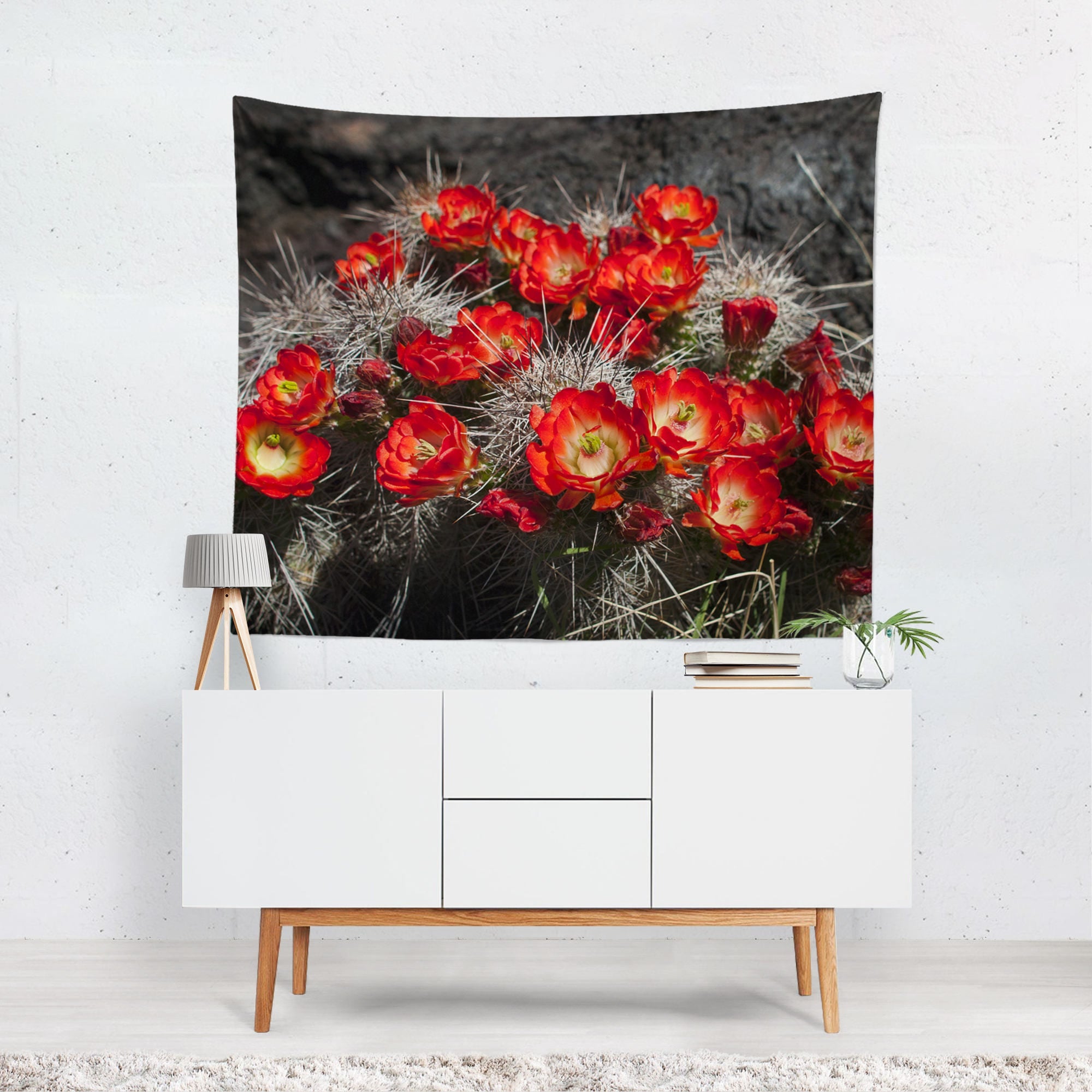 Red Cactus Flowers Southwest Wall Tapestry - Decorative