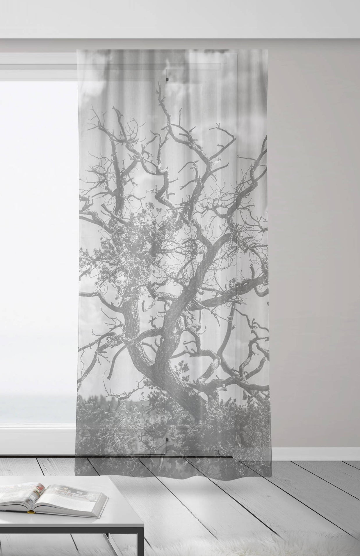 Black and White Tree Branches Window Curtains 50x84 Sheer
