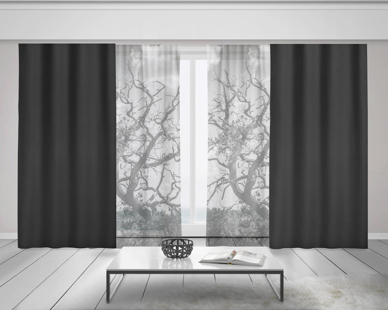 Black and White Tree Branches Window Curtains 50x84 Sheer
