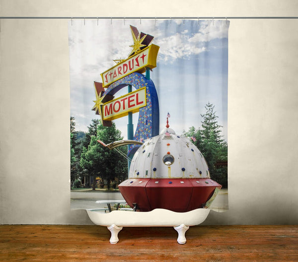 Spaceship Shower Curtain 71x74 inch - Retro Stardust Motel