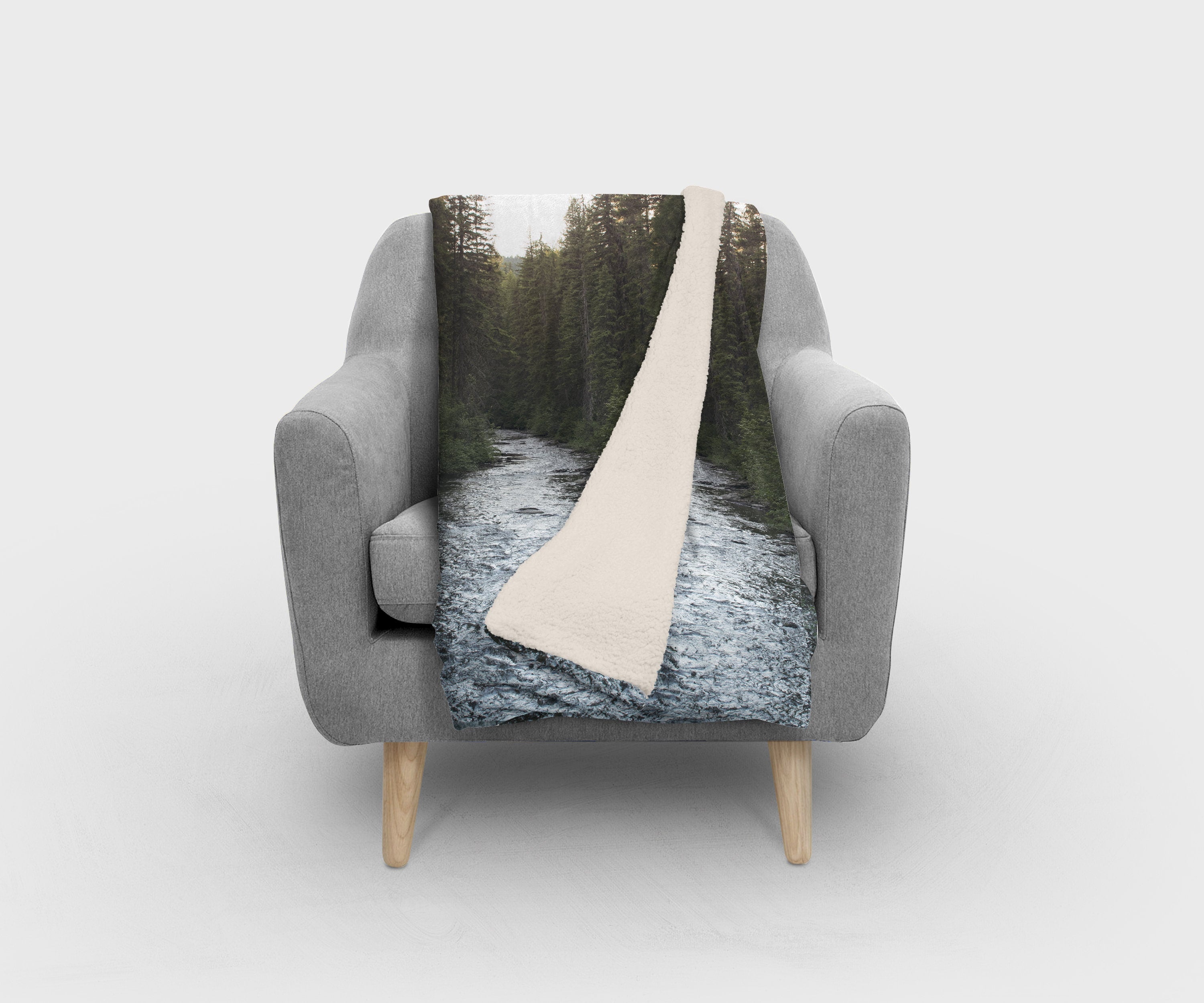 River and Trees Sherpa Throw Blanket Rustic Montana Decor