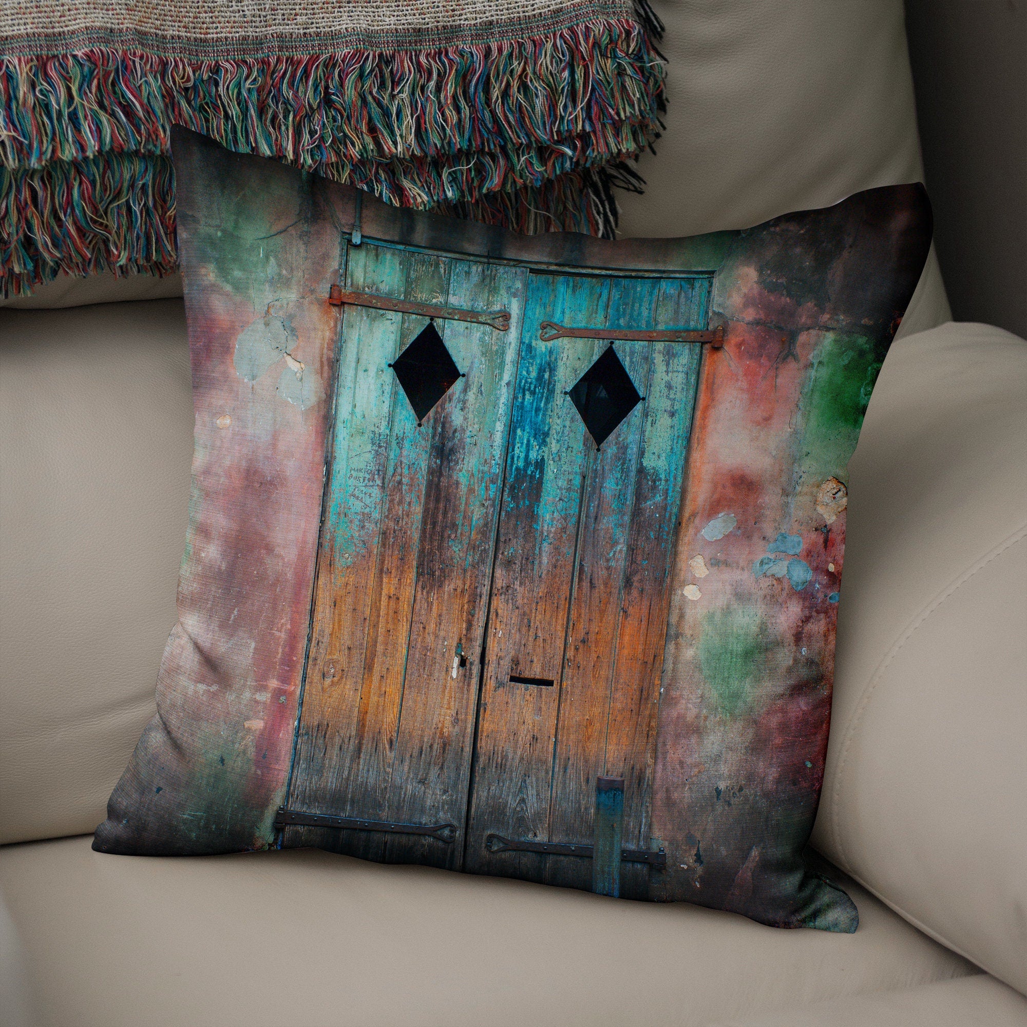 Colorful Door Rustic Couch Cushion Cover Throw Pillow Case -