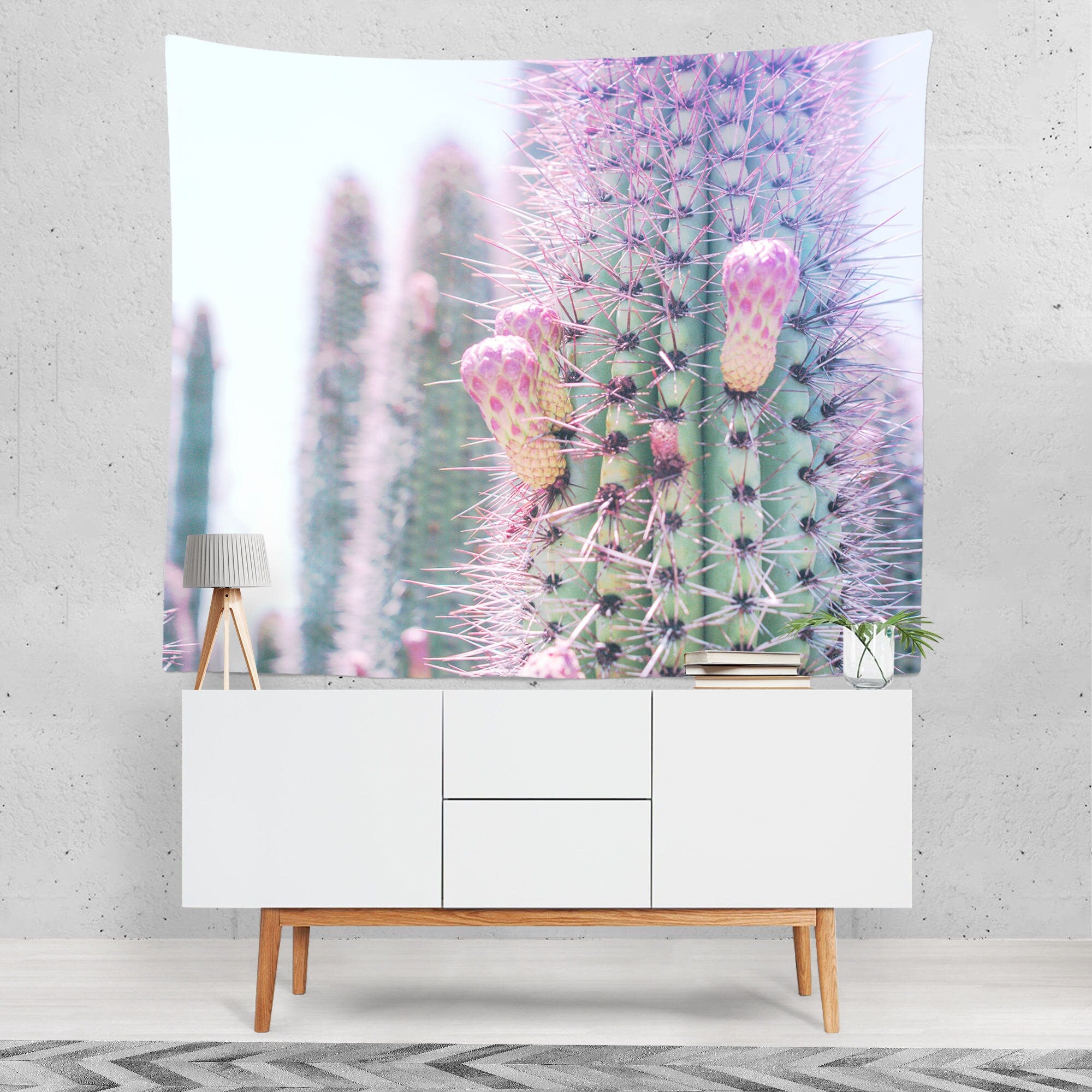 Pink and Green Cactus Wall Tapestry Southwest Art -