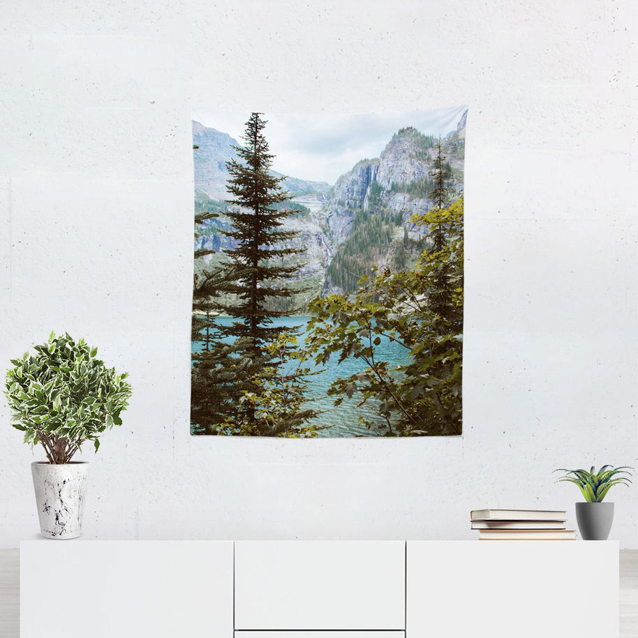 Glacial Lake and Waterfall Wall Tapestry Montana Decor -