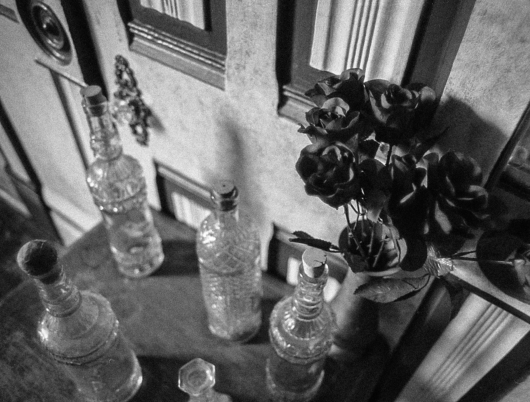 Gothic Still Life Print Bottles and Black Roses Grainy Film