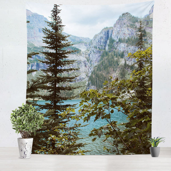 Glacial Lake and Waterfall Wall Tapestry Montana Decor -