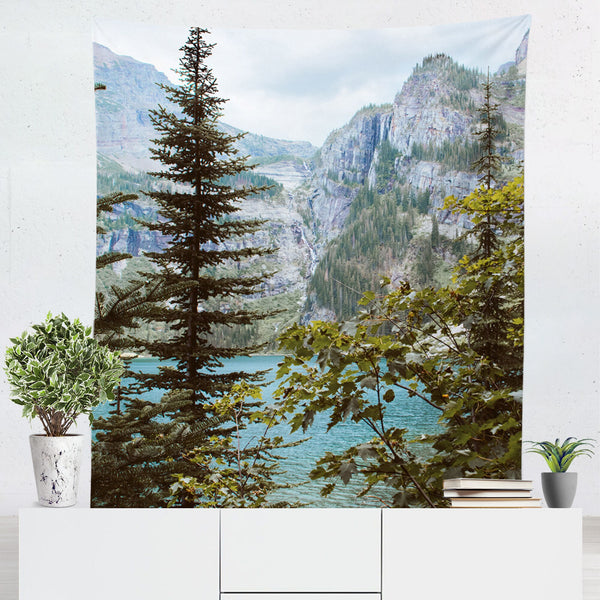 Glacial Lake and Waterfall Wall Tapestry Montana Decor -