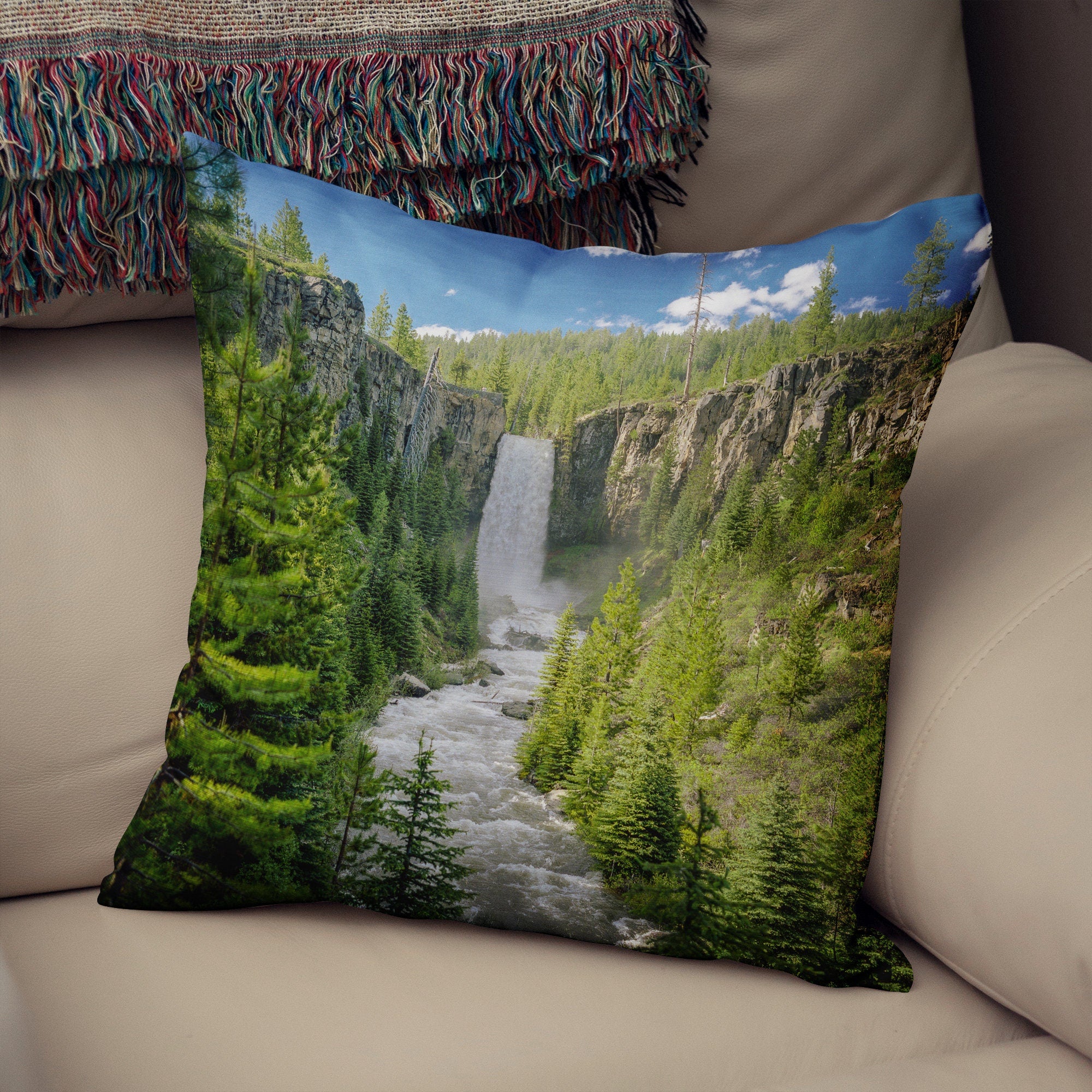 Waterfall and Forest Throw Pillow Cover Tumalo Falls Bend