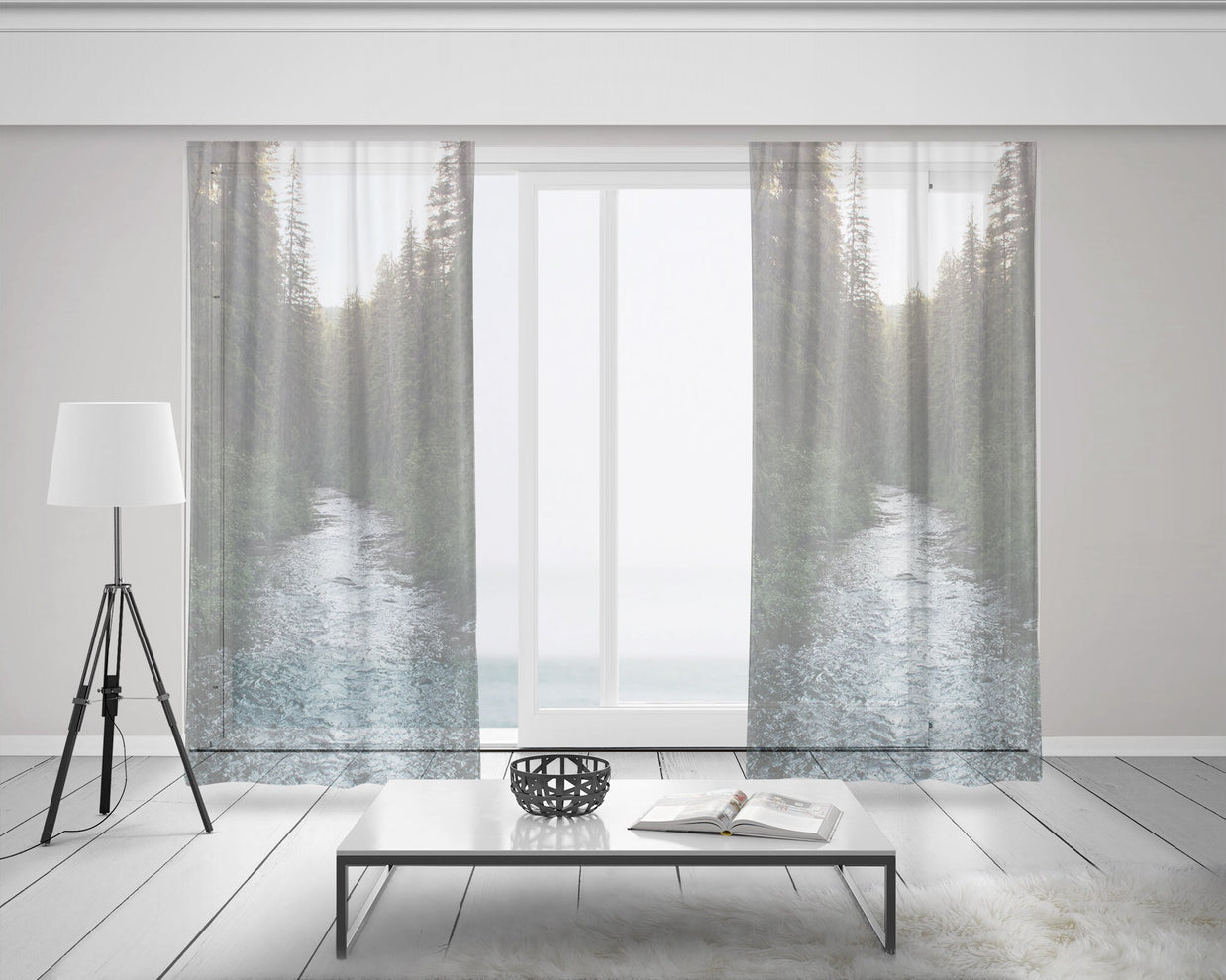 Mountain Forest River Window Curtains 50x84 Sheer