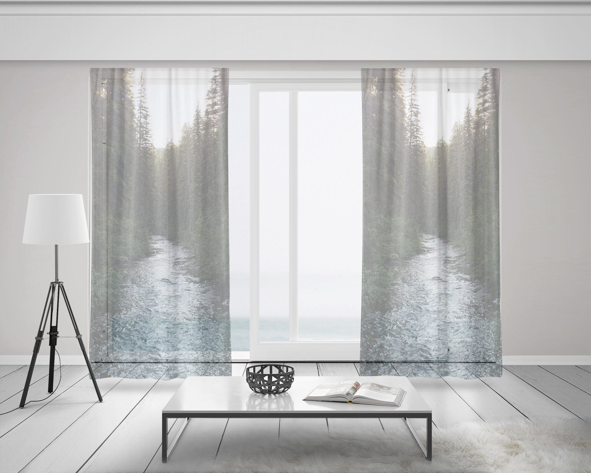 Mountain Forest River Window Curtains 50x84 Sheer