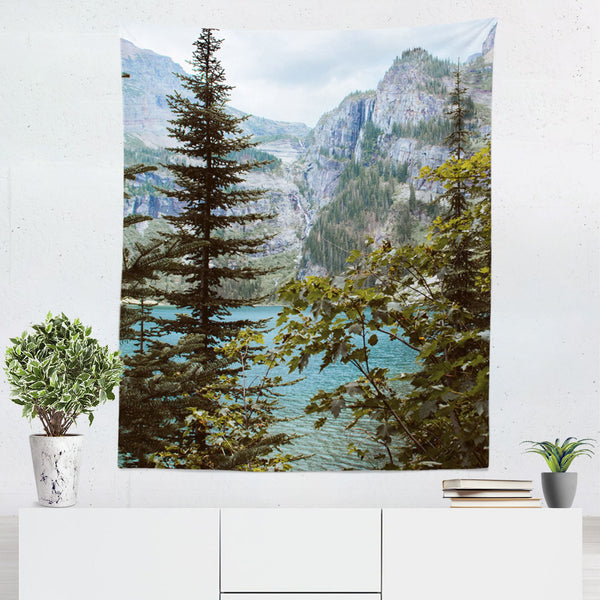 Glacial Lake and Waterfall Wall Tapestry Montana Decor -