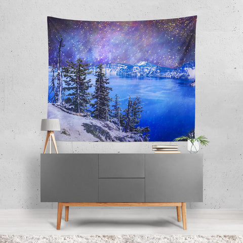 Crater Lake Oregon Surreal Wall Tapestry Outer Space Scene -