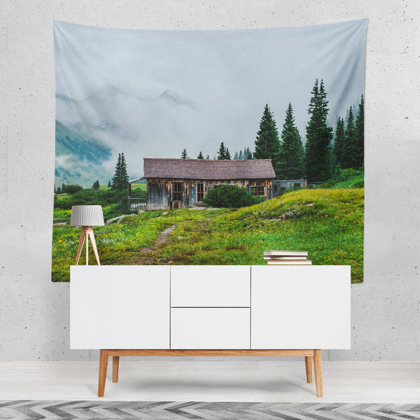 Rustic Cabin Wall Tapestry Foggy Mountains Colorado Forest -