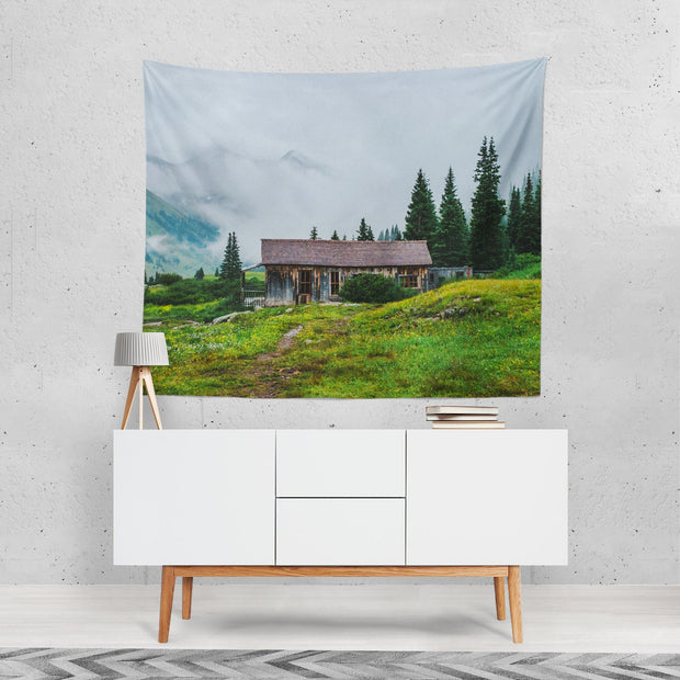 Rustic Cabin Wall Tapestry Foggy Mountains Colorado Forest -