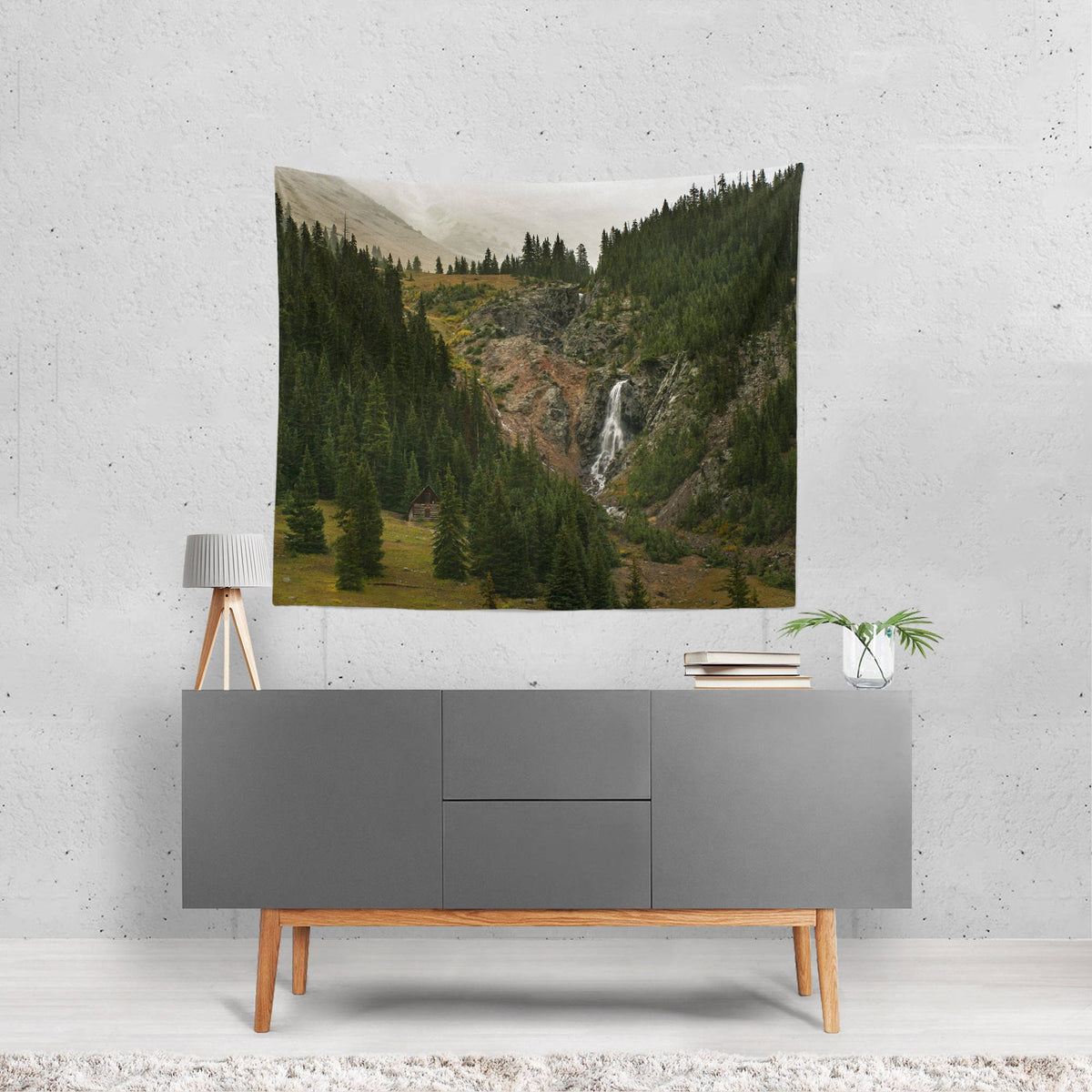 Cabin and Waterfall Tapestry Colorado Mountain Decor -