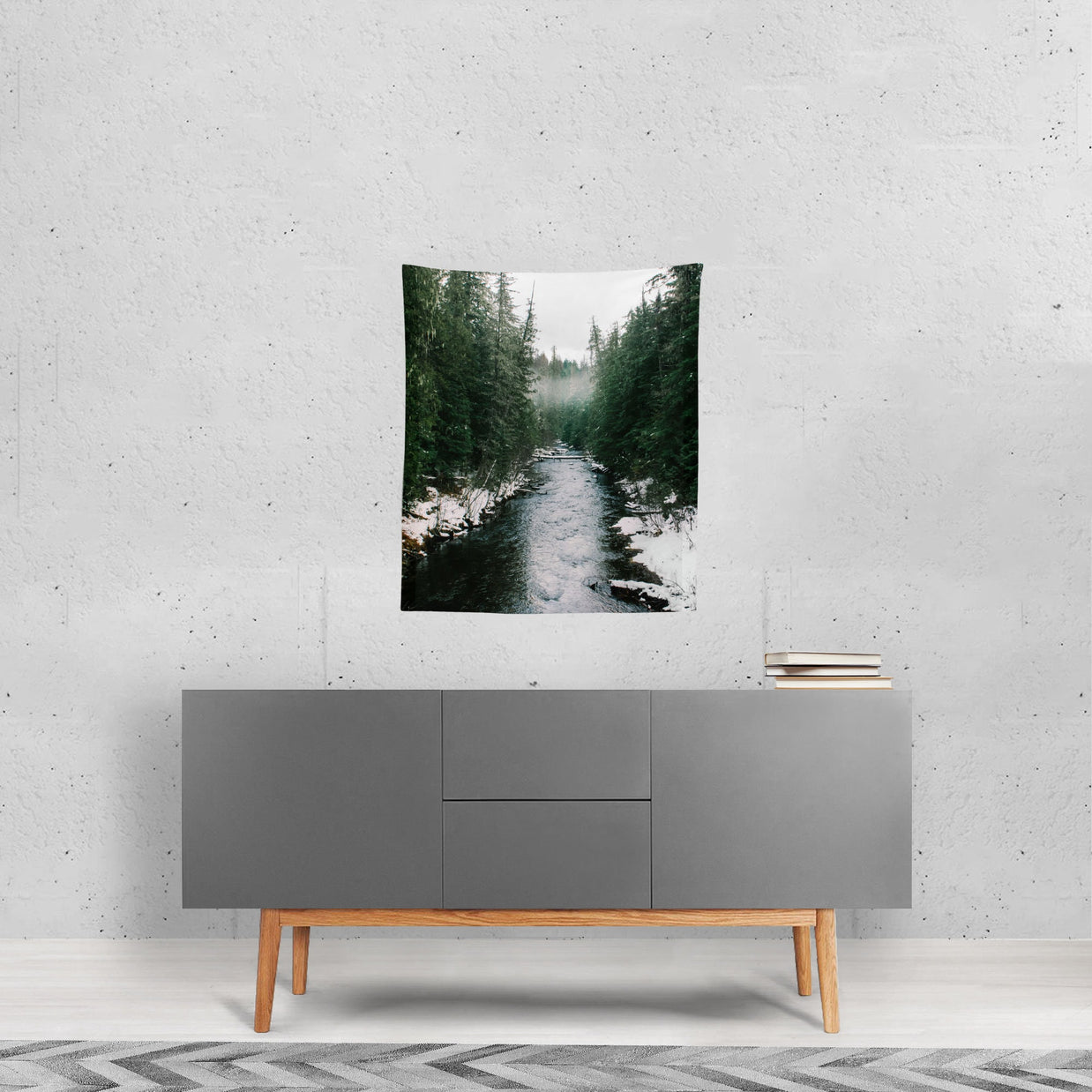 Winter River Wall Tapestry Pacific Northwest Forest -