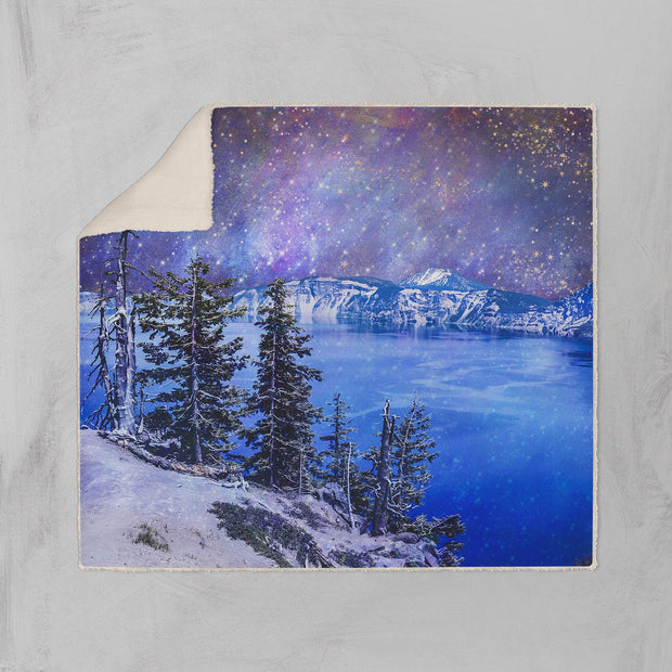 Crater Lake Surreal Night Sky Sherpa Throw Blanket Vegan