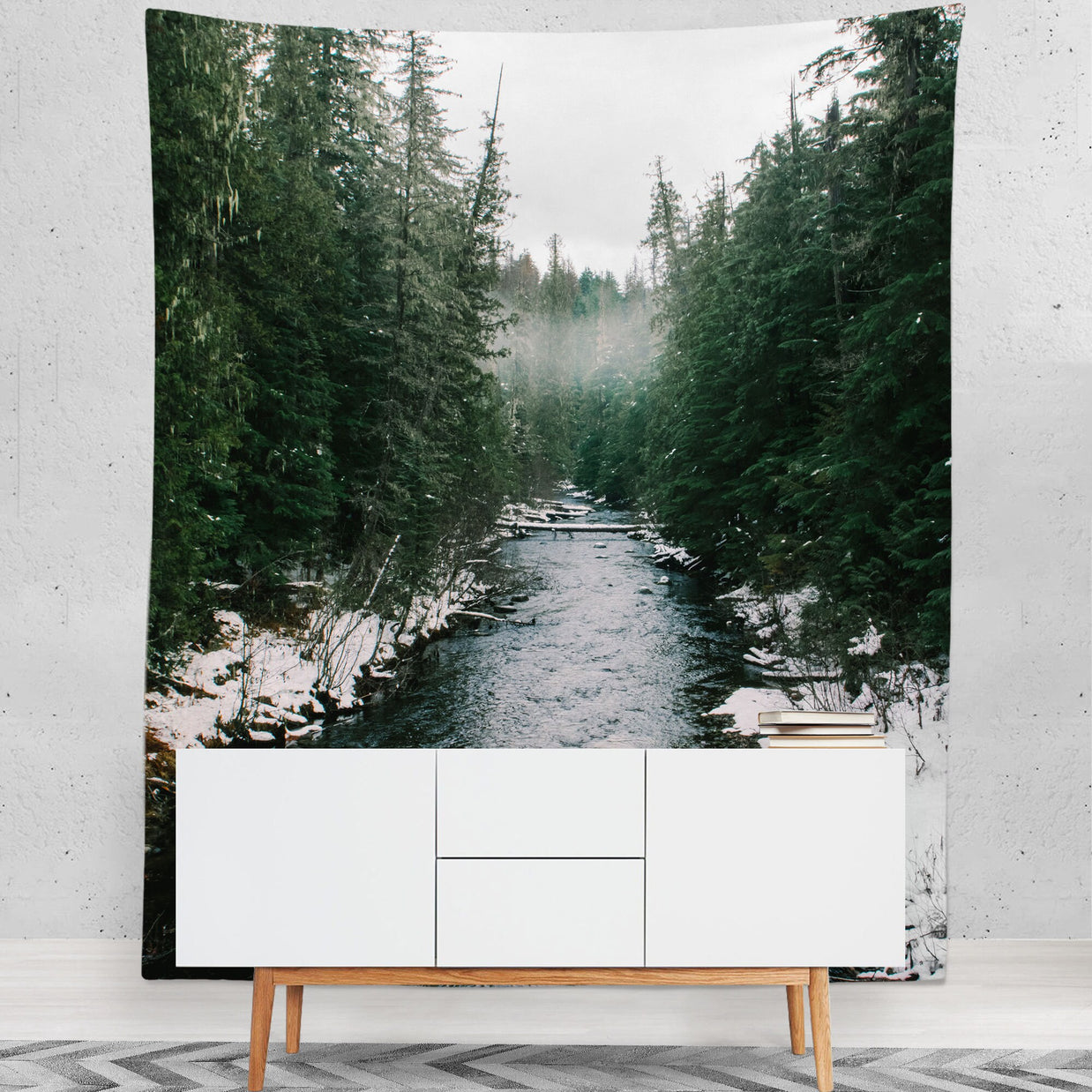 Winter River Wall Tapestry Pacific Northwest Forest -