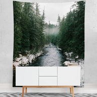 Winter River Wall Tapestry Pacific Northwest Forest -