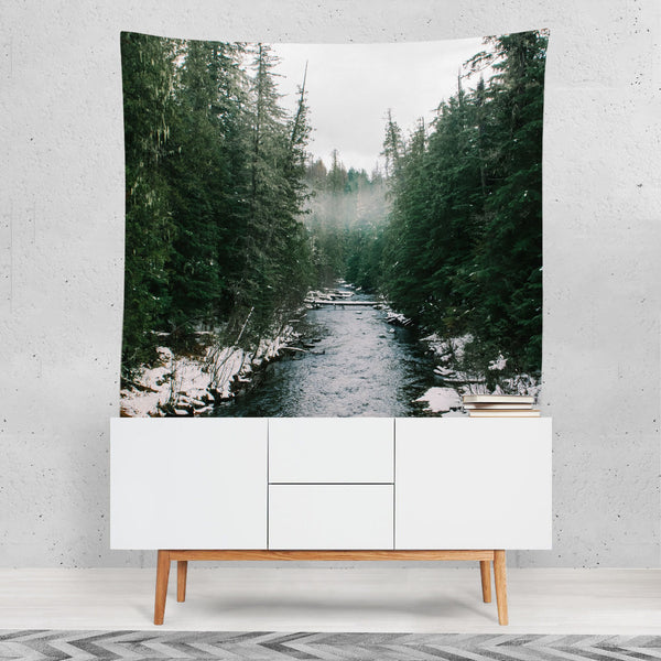 Winter River Wall Tapestry Pacific Northwest Forest -