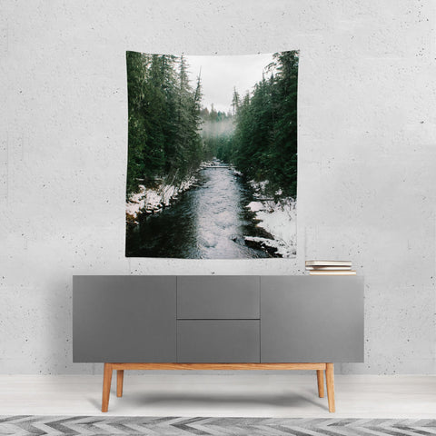 Winter River Wall Tapestry Pacific Northwest Forest -