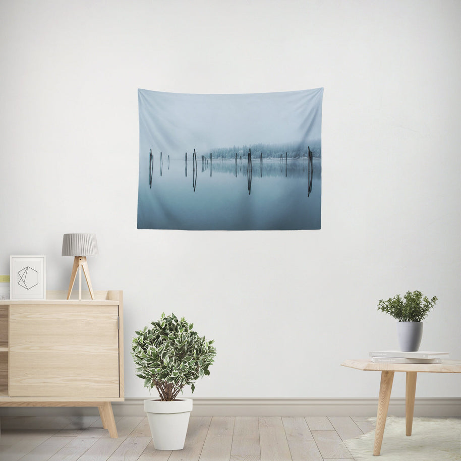 Peaceful River Reflection Wall Tapestry Winter Scenery -