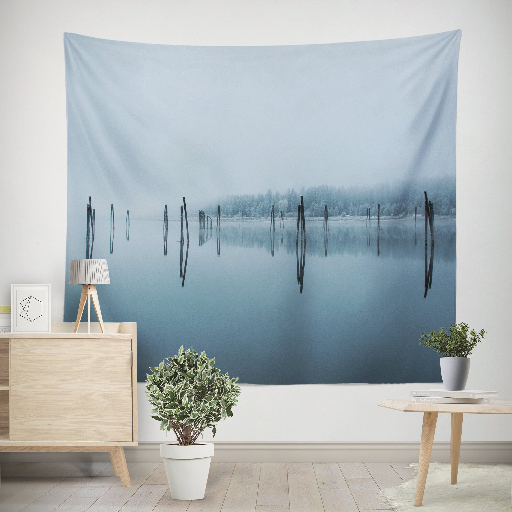 Peaceful River Reflection Wall Tapestry Winter Scenery -