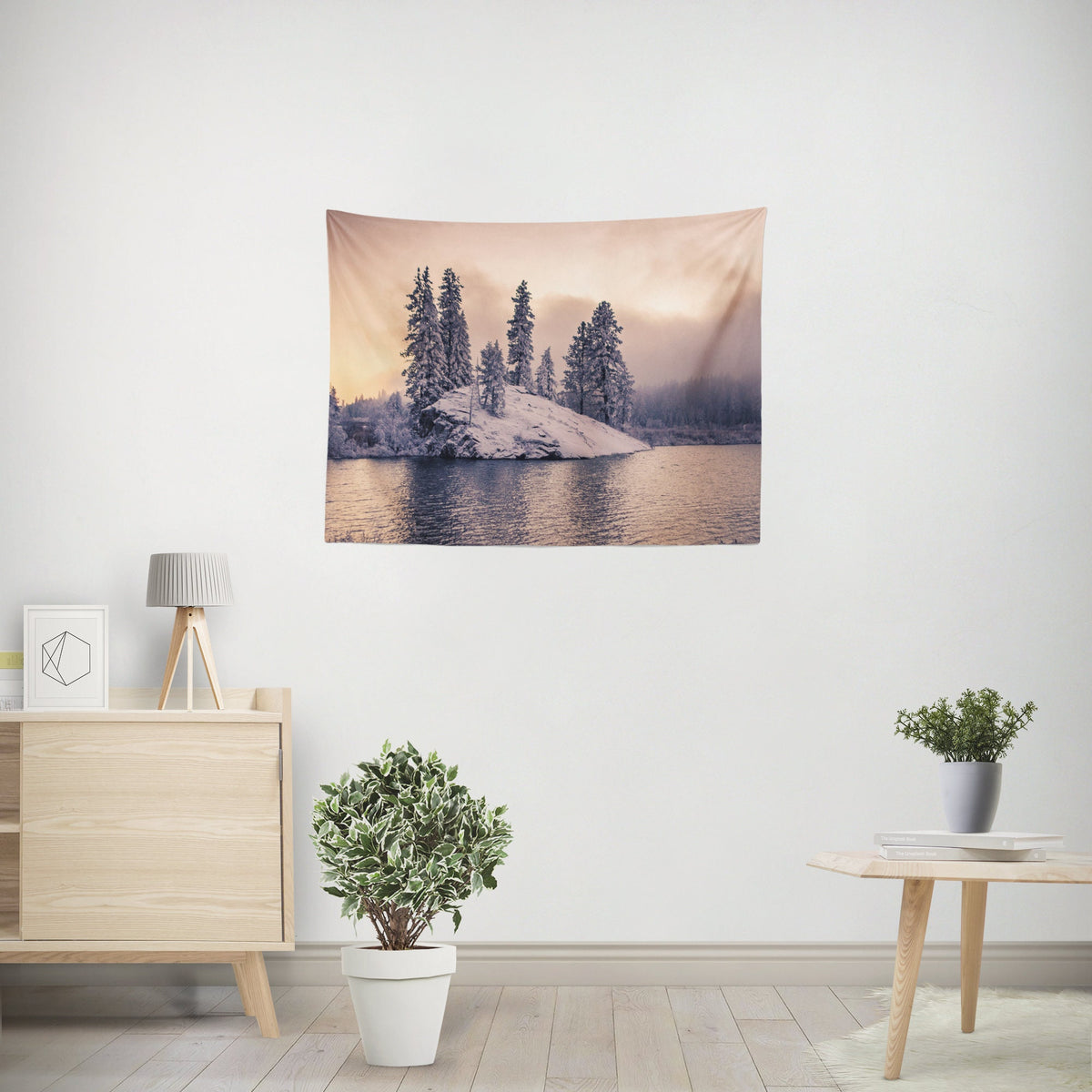 Winter Island Wall Tapestry Snowy Sunset on the Lake -