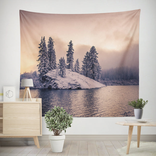 Winter Island Wall Tapestry Snowy Sunset on the Lake -