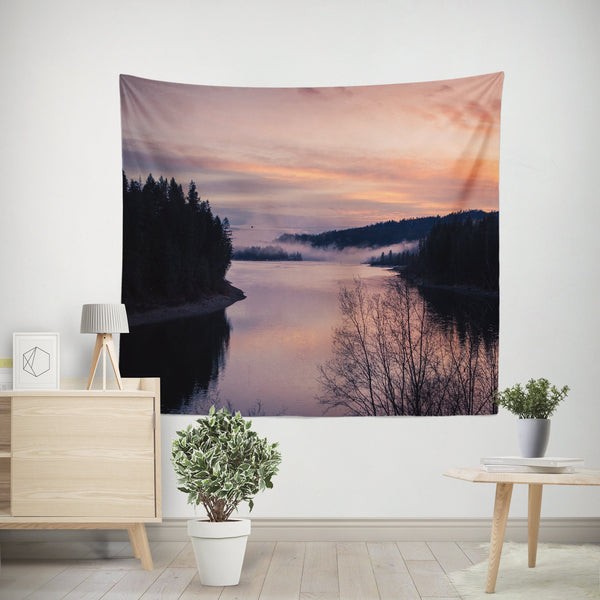 River Sunset Wall Tapestry Pacific Northwest Scenery -