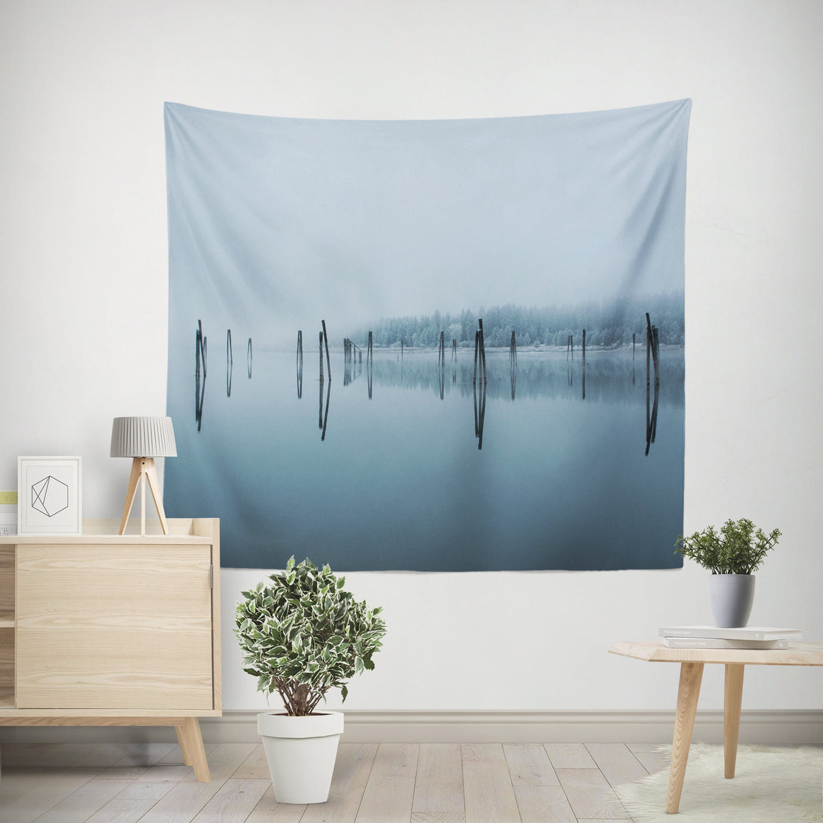 Peaceful River Reflection Wall Tapestry Winter Scenery -