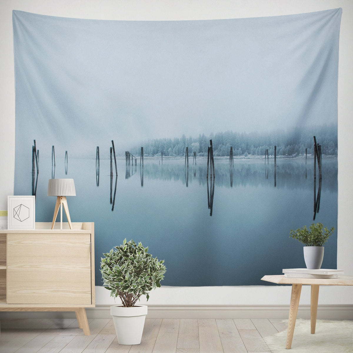 Peaceful River Reflection Wall Tapestry Winter Scenery -