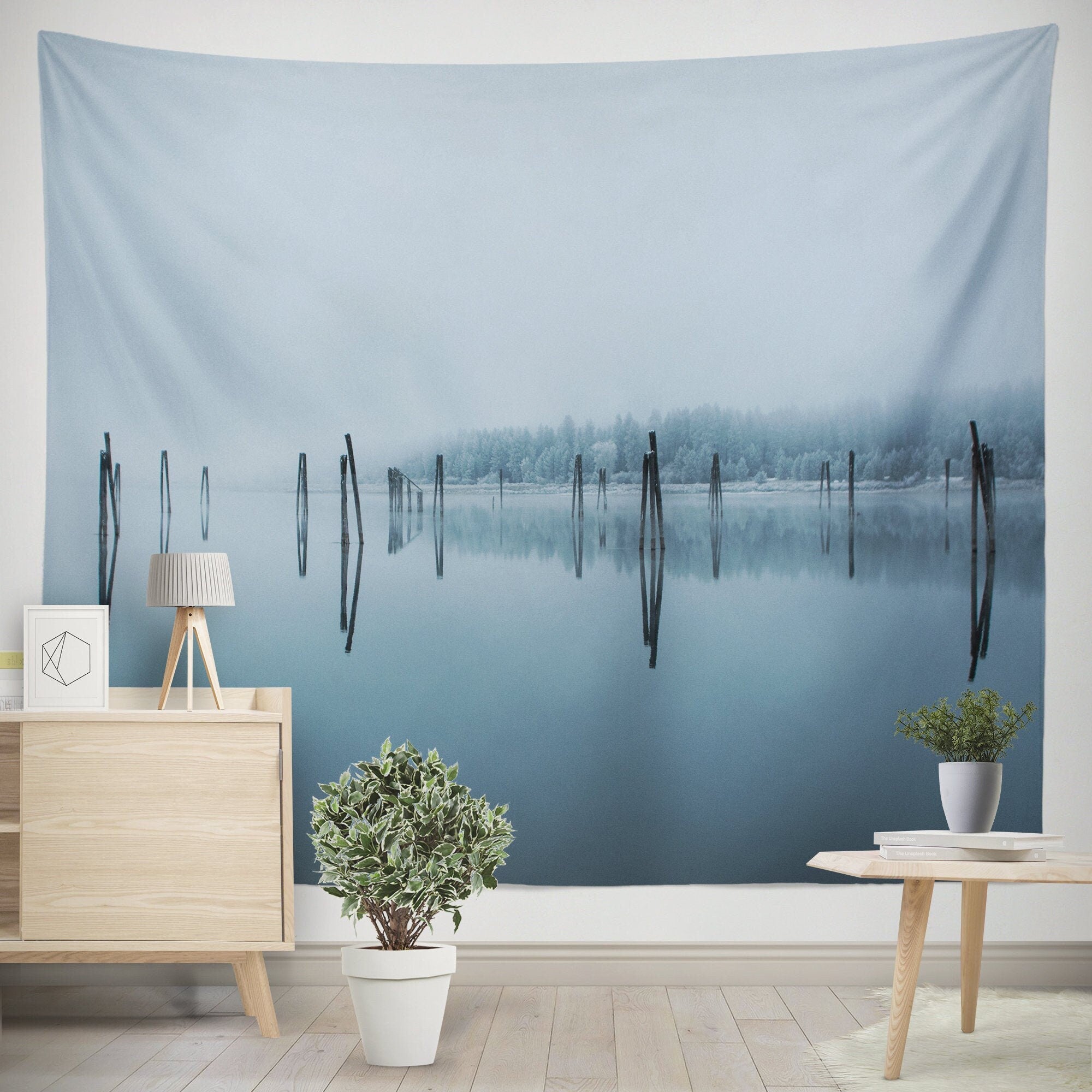 Peaceful River Reflection Wall Tapestry Winter Scenery -
