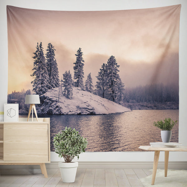 Winter Island Wall Tapestry Snowy Sunset on the Lake -