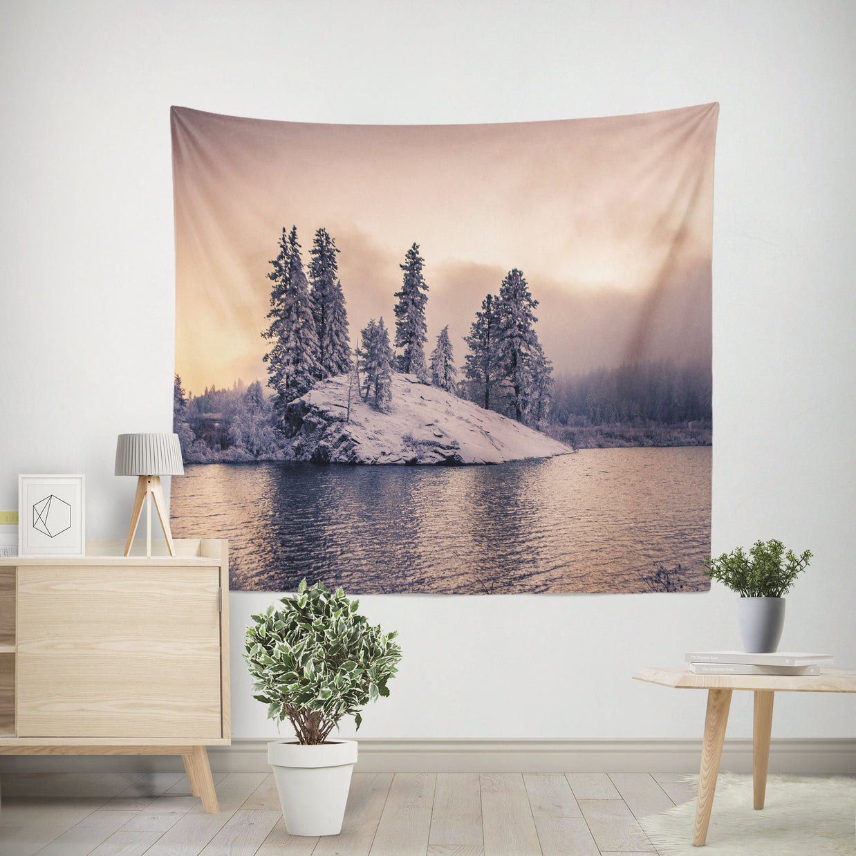 Winter Island Wall Tapestry Snowy Sunset on the Lake -