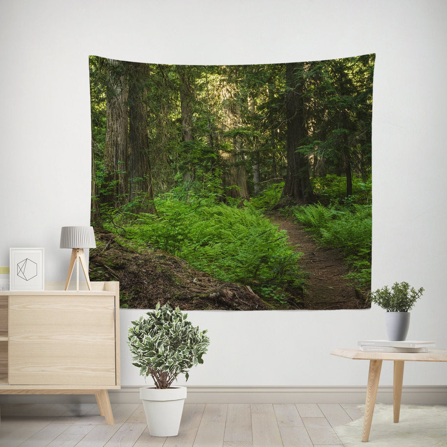 Pacific Northwest Hiking Trail Wall Tapestry Cedar and Ferns