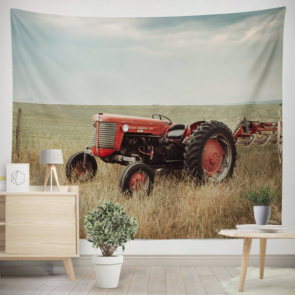 Red Tractor Farmhouse Wall Tapestry Rustic Western Decor -