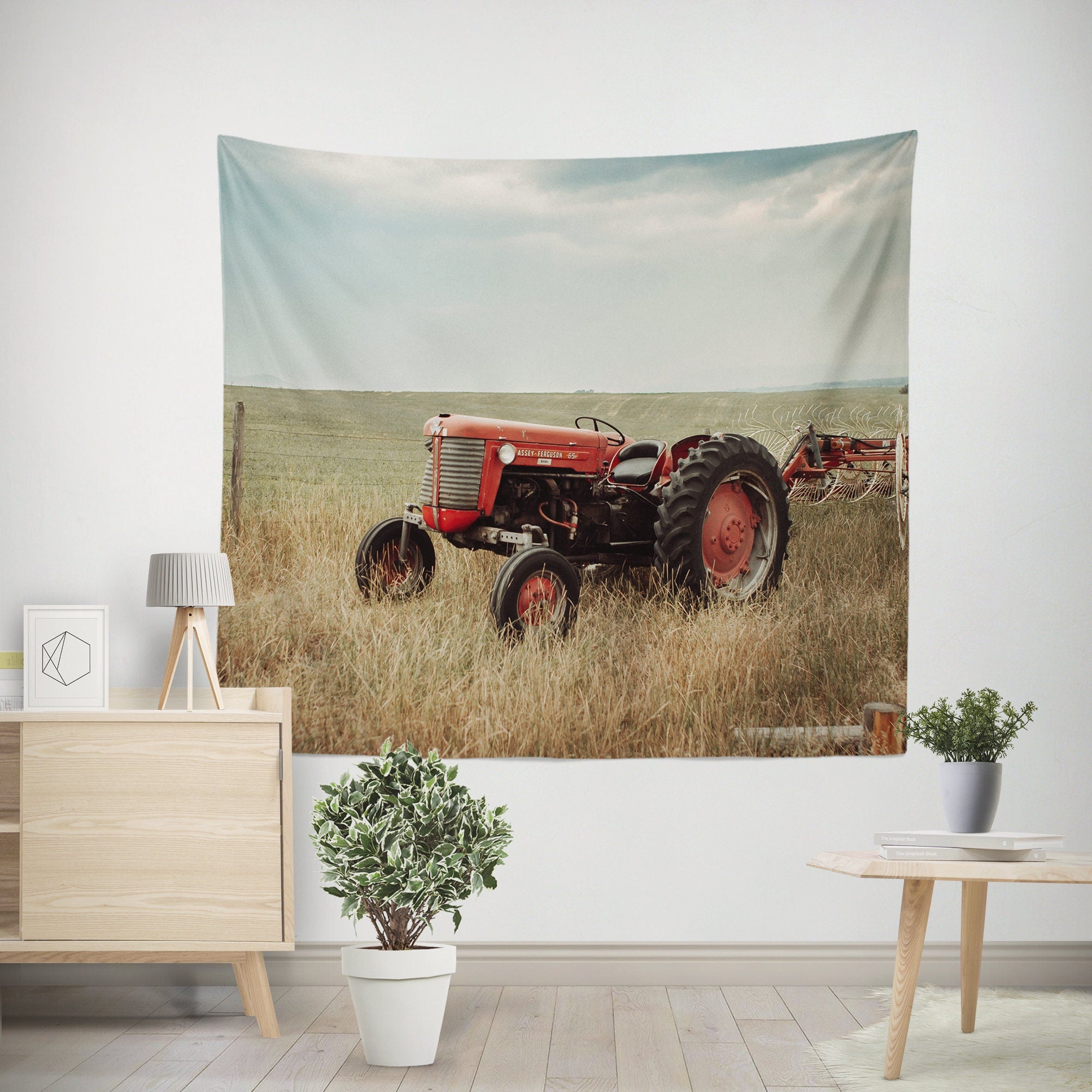 Red Tractor Farmhouse Wall Tapestry Rustic Western Decor -