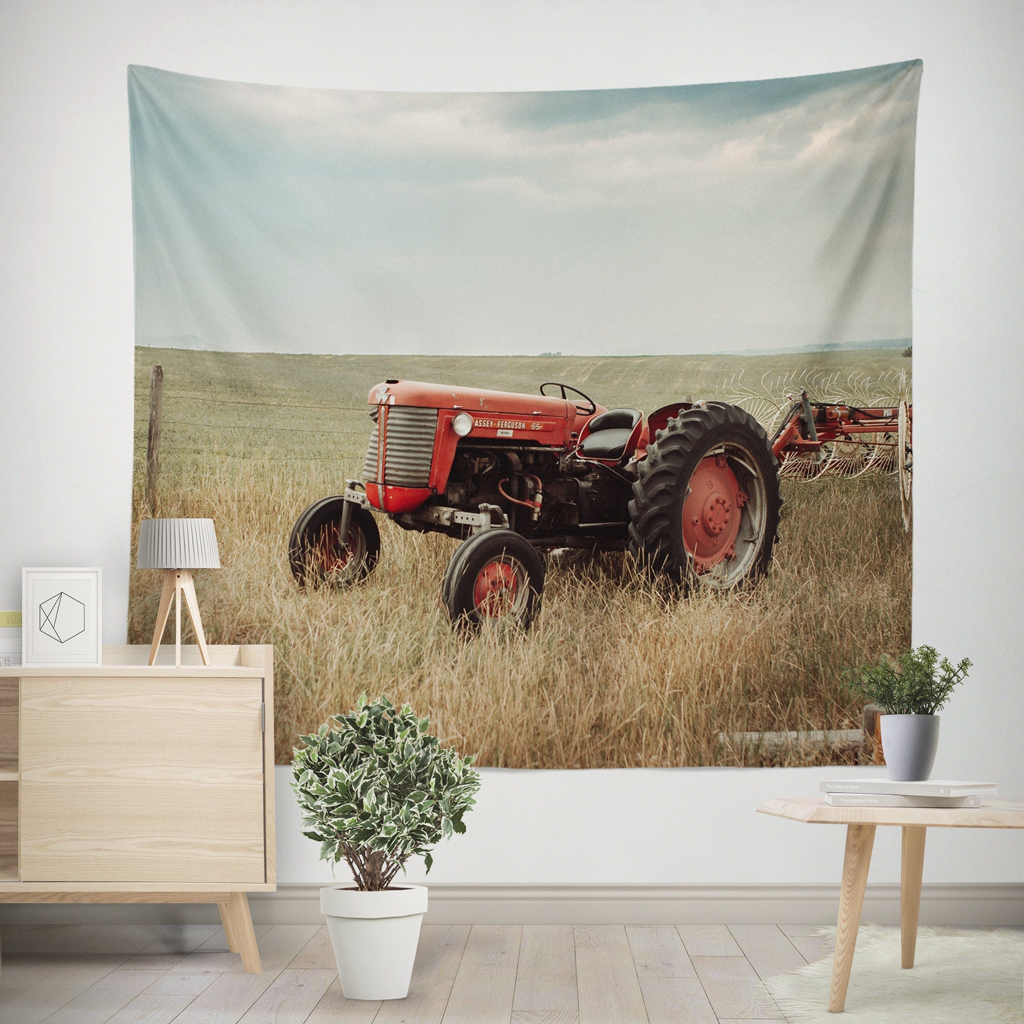 Red Tractor Farmhouse Wall Tapestry Rustic Western Decor -
