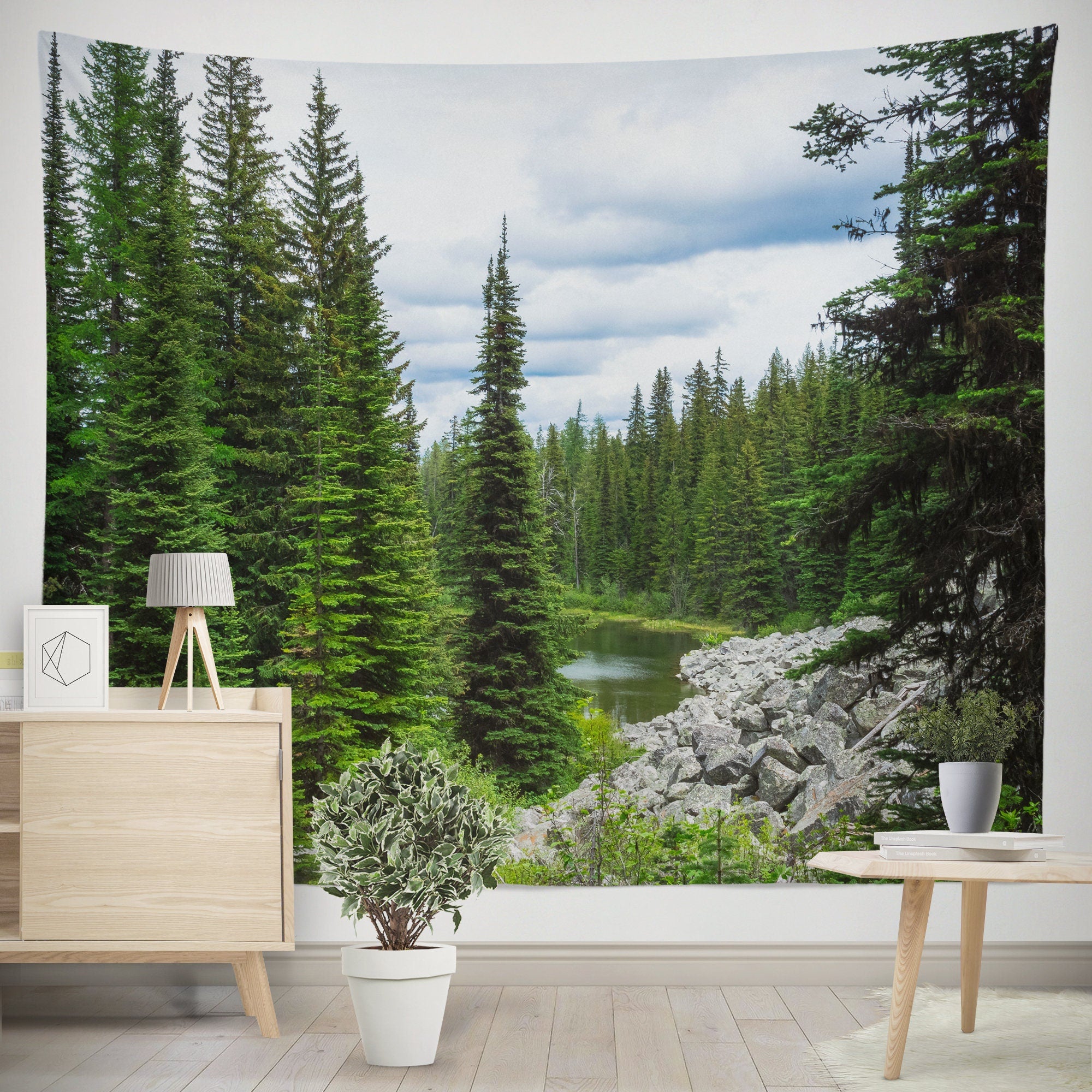 Mountaintop Lake Wall Tapestry Lush Pond Pacific Northwest