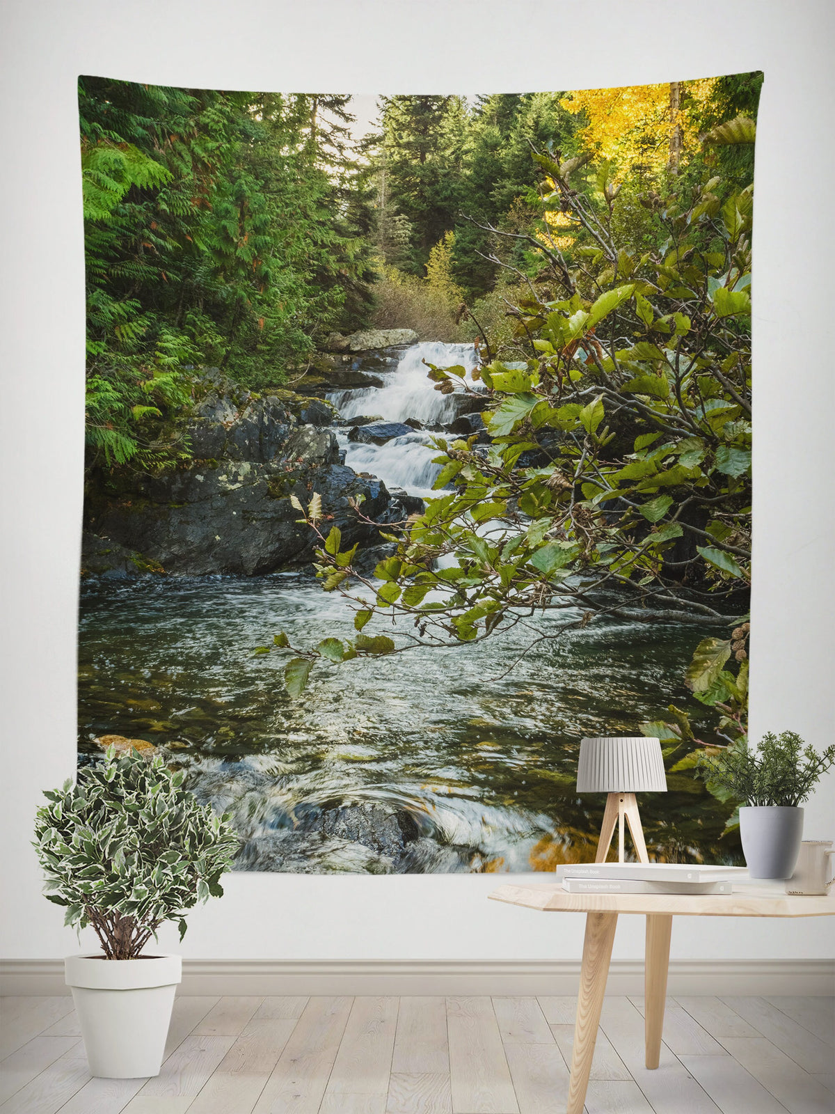 Waterfall in Cedar Forest Tapestry Pacific Northwest Decor -