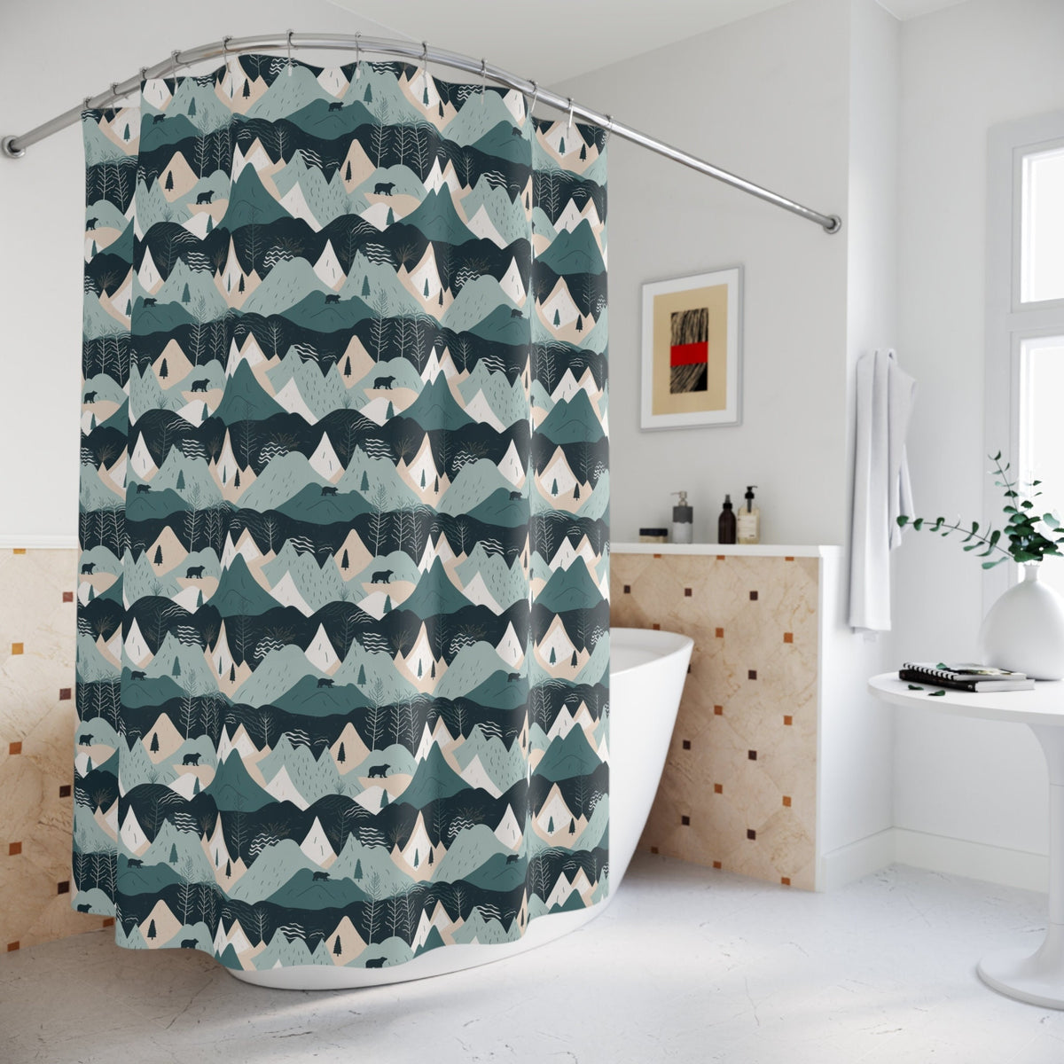 Bears and Mountains Shower Curtain 71x74 inches Rustic