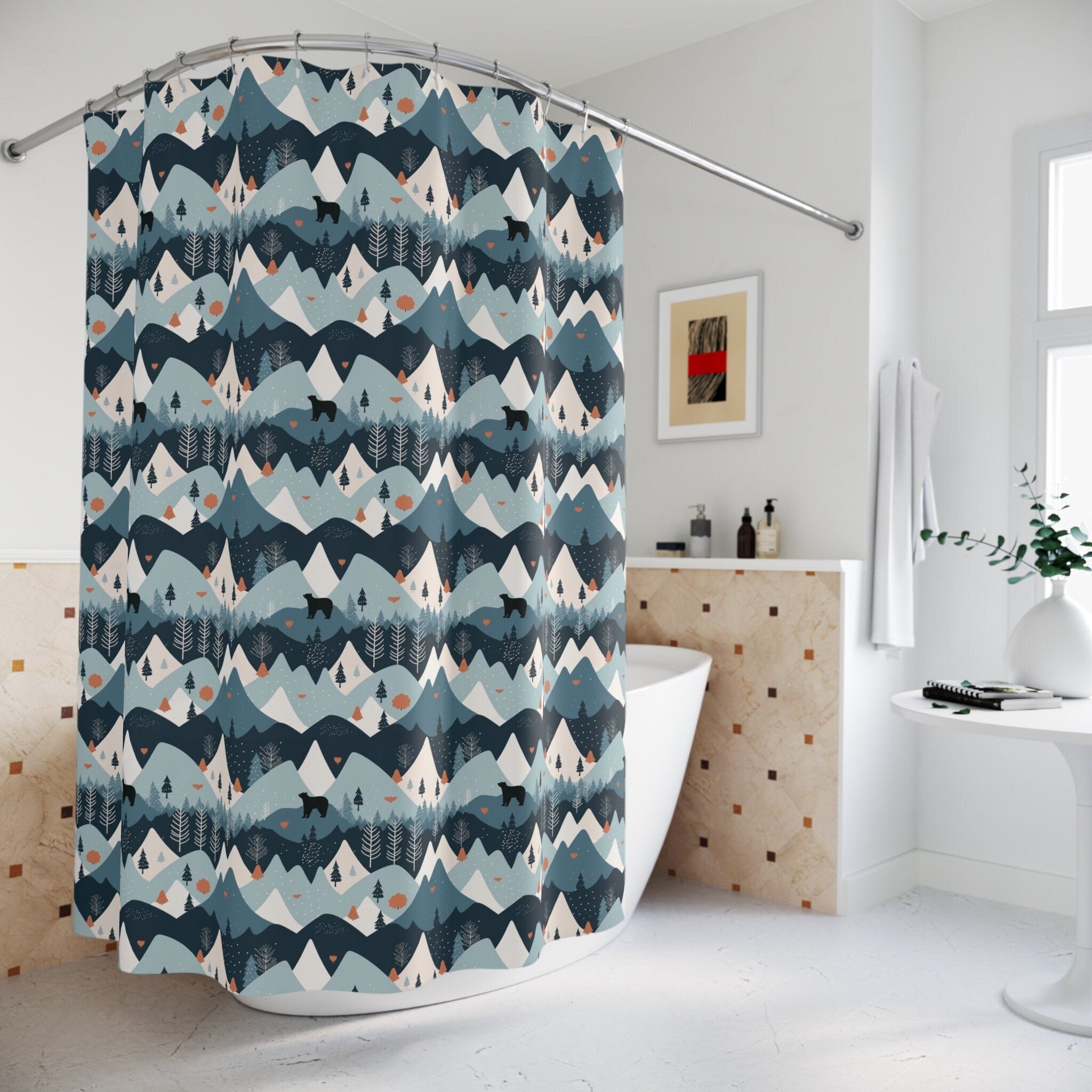 Black Bears in Autumn Mountains Shower Curtain 71x74 inches