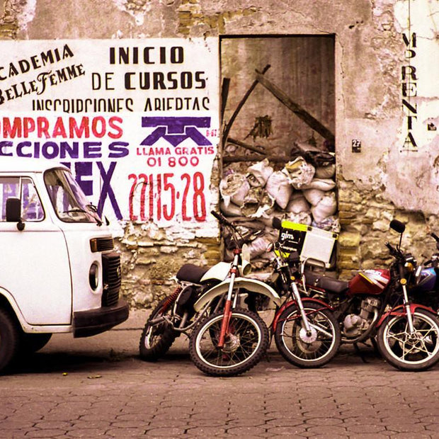 Motorcycles and Van Puebla Mexico Modern Art Print -