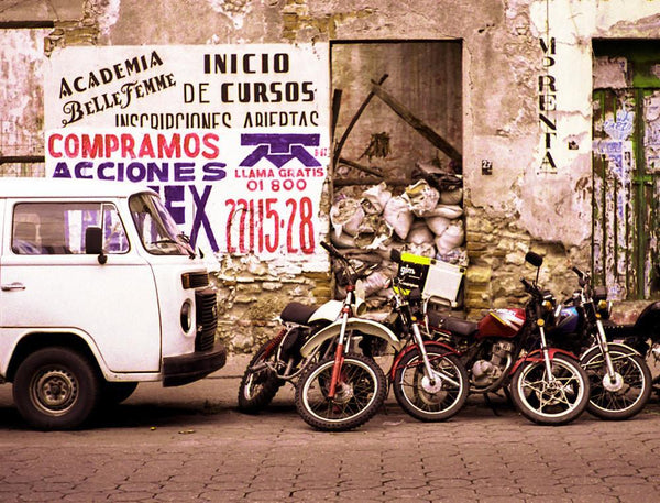 Motorcycles and Van Puebla Mexico Modern Art Print -