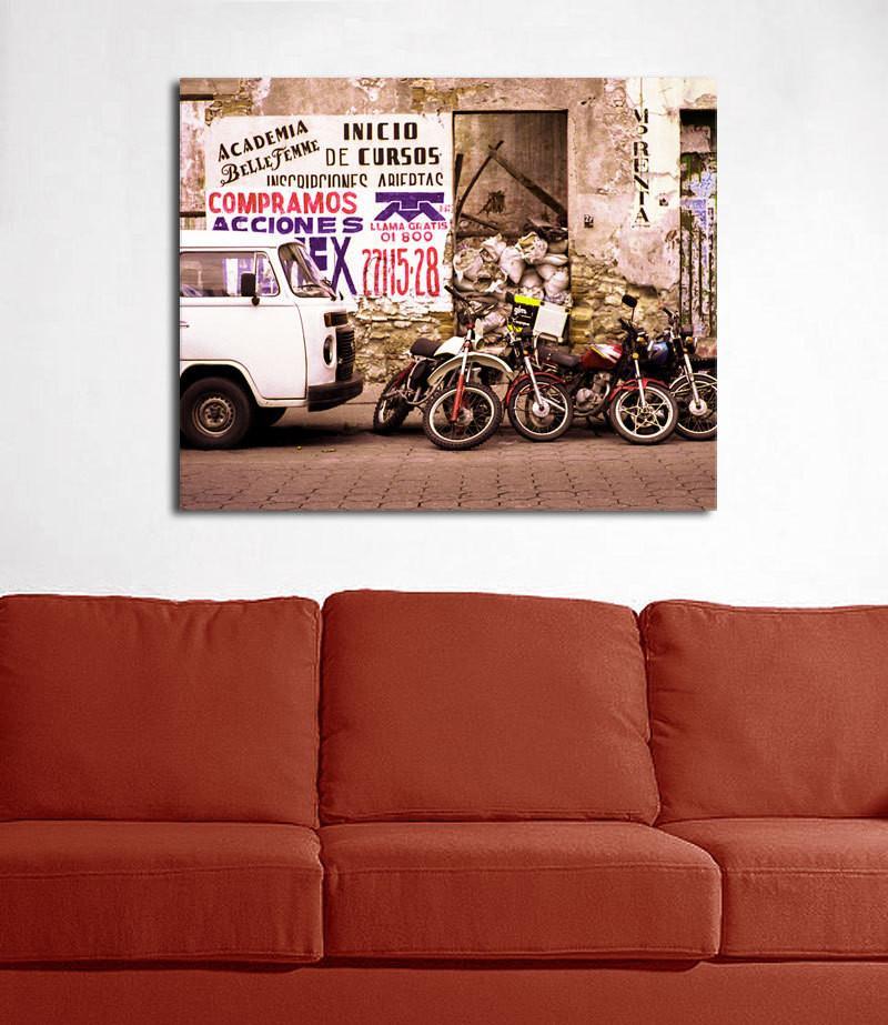 Motorcycles and Van Puebla Mexico Modern Art Print -
