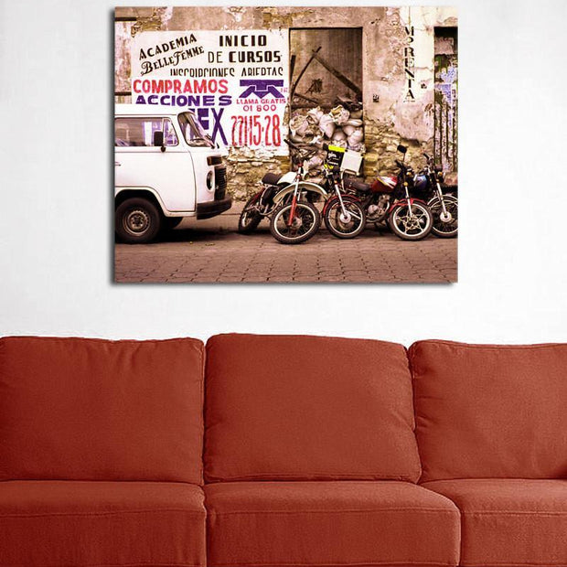Motorcycles and Van Puebla Mexico Modern Art Print -