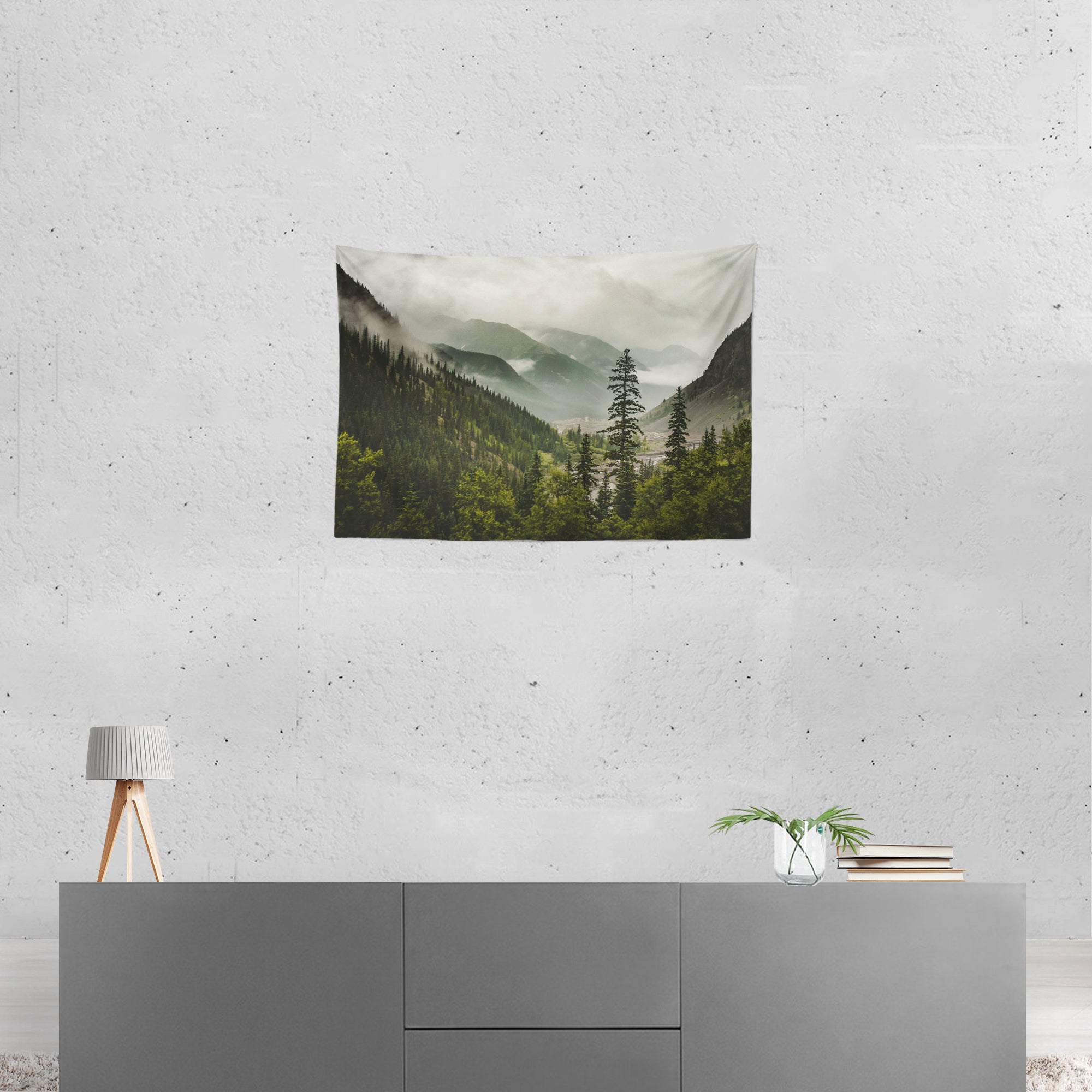 Foggy Mountain Valley Tapestry Nature Wall Hanging -